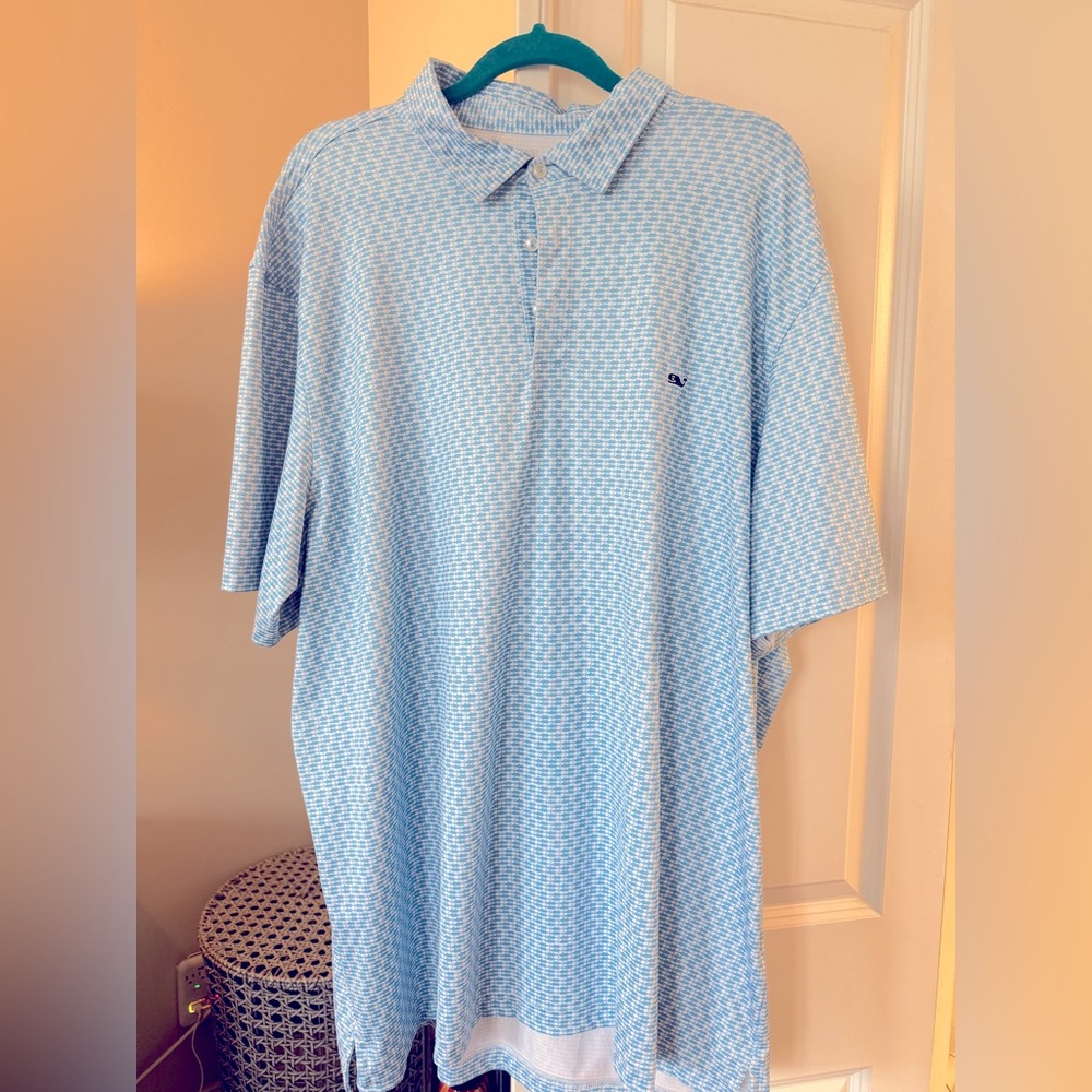 Vineyard Vine Performance Polo in a blue and white.